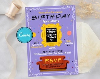 Editable Friends Birthday Invitation The One Where Friends Birthday Invitation Friends Theme Birthday Invite Purple CANVA Template