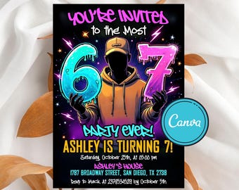 Invito per la festa di compleanno Six Seven, meme 6 7, compleanno meme, settimo compleanno, modello Canva modificabile, download digitale, stampabile
