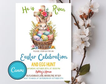 May include: An Easter invitation with a watercolor illustration of a bunny rabbit sitting in a basket filled with colorful eggs. The text reads "He is Risen" and "Easter Celebration and Egg Hunt".