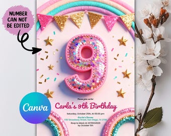 9th Birthday Invitation, Girl 9th Invitation, Girl Birthday, Neon Glow Invitation, Balloon Butterfly Invitation, Editable Canva Template