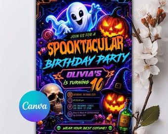 Neon Spooktacular Birthday Party Invite, Halloween Party Invitation, Spooktacular Costume Party, Neon Halloween Invite, Editable Canva