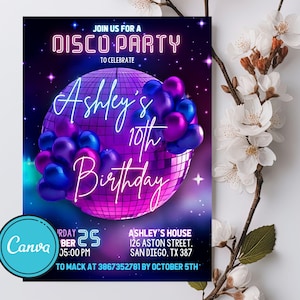 Disco Party Birthday Invitation, Disco Gender Neutral Invite, Dance Party Template, Neon Party Invite, Editable Glow Party, Instant Download