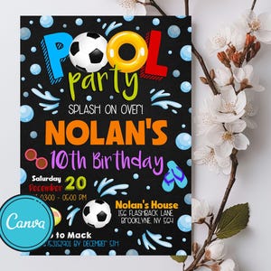 Soccer Pool Party Invitation, Boy Pool Party, Soccer and Pool Party Invite, Swimming Party, Instant Download