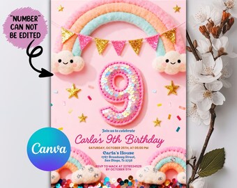 9th Birthday Invitation, Girl 9th Invitation, Girl Birthday, Neon Glow Invitation, Balloon Butterfly Invitation, Editable Canva Template