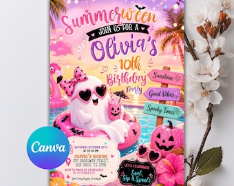 Summerween Birthday Invitation, Spooky Summer Party Invite, Halloween Pool Party Invitation, Editable Canva Template