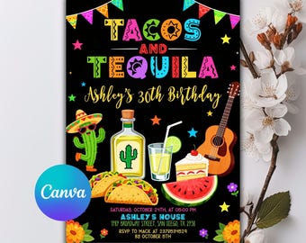 May include: A black birthday invitation card featuring colorful bunting, the text "TACOS AND TEQUILA" and "Ashley's 30th Birthday," a cactus in a sombrero, a tequila bottle, a cocktail, a slice of cake, a guitar, and a watermelon slice.