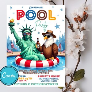 Editable Independence Day Pool Party Patriotic, 4Th Of July Pool Party Invitation Invite Editable Template Instant Download