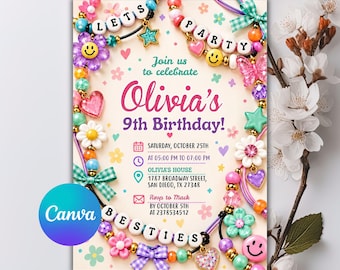Friendship Bracelet Birthday Invitation, Let's Party Besties Tween Girl Party Invite, Digital Download, Editable Canva Template