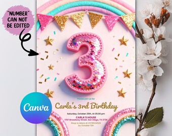 3rd Birthday Invitation Girl, Editable Rainbow Sequin Glitter Invite Printable Template for Girls Party, Girls Pink Birthday Invite