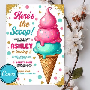 Ice Cream Birthday Invitation. Icecream Sweet Party Here&#39;s the Scoop Pink Mint Gold Girl Birthday EDITABLE Invite. Printable Download
