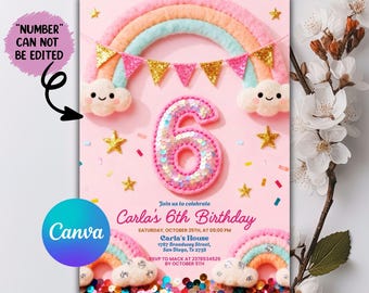 6th Birthday Invitation Girl, Rainbow Sequin Glitter Invite for Girls Party, Girls Pink Birthday Invite, Editable Canva Template