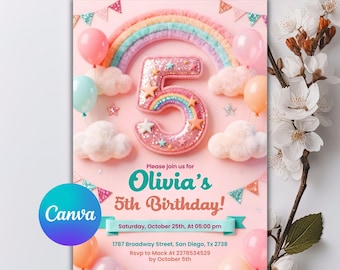 5th Birthday Invitation Girl, Rainbow Sequin Glitter Invite, Girls Pink Birthday Invite, Editable Canva Template