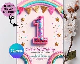 1st Birthday Invitation Girl, Editable Rainbow Sequin Glitter Invite Printable Template for Girls Party, Girls Pink Birthday Invite