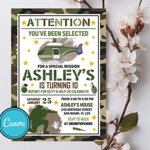 Editable Military Party Invitations, Army Birthday Invitation, Soldier Birthday Invitation, Military Invite, Invitation Template