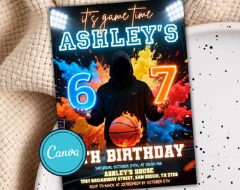 6-7 meme Birthday Invitation, Hoops & Vibes Tween Party for Boys, Game On Basketball Invite, Editable Canva Template Digital Download