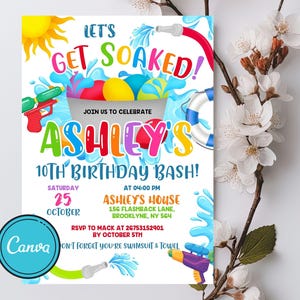 Water Balloon Birthday Invitation, Invite Let&#39;s Get Soaked, Water Balloon Birthday Bash, Soaked Water Fight Splash Party DIGITAL Printable