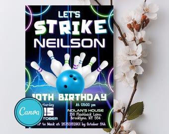 Editable Neon Bowling Birthday Invitation (Digital)