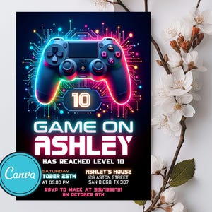 Bearbeitbare Videospiel-Geburtstagseinladung, Gamer Boy-Geburtstagsfeier, Neon Game Level Up-Geburtstagsfeier, Glow-Einladung, Sofort-Download