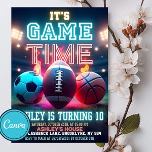 Editable Sports Invitation, Sports Party Birthday Invitation, Sport Theme Invite, Sports Flyer, All Star Sports Invitation Template