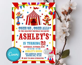 Carnaval Circus Uitnodiging, Carnaval Verjaardagsfeest Uitnodiging, Carnaval Uitnodiging, Circus Verjaardag Iedereen Komt, Bewerkbaar Canva