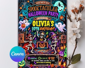 Halloween Birthday Invitation, Spooktacular Skeleton Costume Party 10th Birthday Editable Printable Canva Template