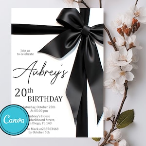Convite de aniversário com laço preto, convite de aniversário minimalista com laço preto, coquete de fita preta 20, 30, 40 e 50 anos, modelo Canva
