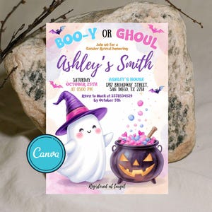 Pink A Little Boo Baby Shower Invitation: Girl Halloween Theme (Editable Canva Template, Digital Download)