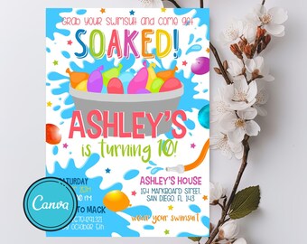 May include: A colorful invitation with the text "Grab your swimsuit and come get SOAKED!" and "Ashley's is turning 10!" features water balloons and a water splash design. The invitation includes event details and a Canva logo.