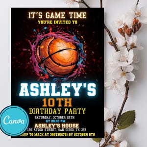 Faire-part d'anniversaire de basket-ball, faire-part de sport, faire-part d'anniversaire filles garçons, invitation de basket-ball, modèle d'invitation modifiable