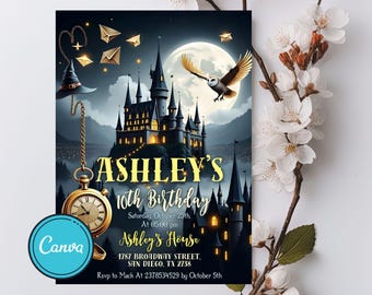 Convite de Aniversário de Bruxo: Festa Mágica, Modelo Canva (Download Digital 5 x 7 em PDF/JPEG)