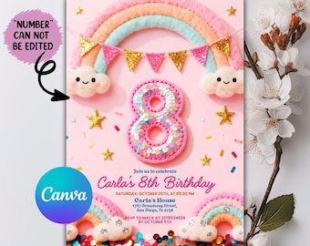8th Birthday Invitation, Girl 8th Invitation, Girl Birthday, Neon Glow Invitation, Balloon Butterfly Invitation, Editable Canva Template