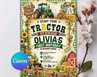 Green Tractor Birthday Invitation, Farm Party Invite, Start Up Your Tractor, Boy Farmhouse Bday, Editable Canva Template