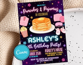 Pancakes and Pajamas Party Birthday Invitation, Pancake Pajama Sleepover Party Invite, Slumber Popcorn, Editable Canva