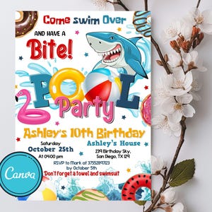 Shark Pool Birthday Invitation: Canva Template (Digital Printable)