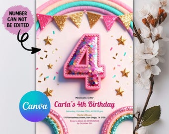 4th Birthday Invitation Girl, Rainbow Sequin Glitter Invite Girls Party, Pink Birthday Invite, Editable Canva Template