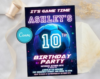 Neon Soccer Invitation, Neon Soccer Invite, Sports Invitation, Football Digital Invite, Sneakerball Birthday Invite, Editable Canva Template