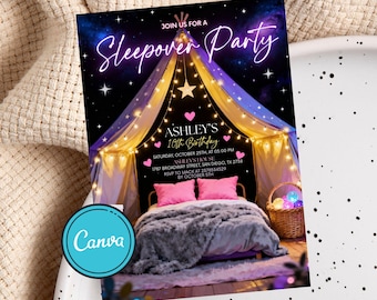 Sleepover Birthday Invitation, Printable Sleepover Invite, Slumber Party, Pajama Party, Retro Neon Light Editable Template, Instant Download
