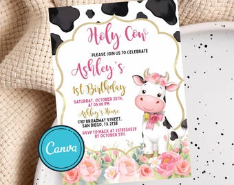 Holy Cow Girl 1歳の誕生日招待状、農場パーティー（編集可能なCanva）