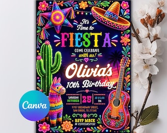 It's Time to Fiesta Birthday Invitation, Mexican Fiesta Party Invite, Fiesta Birthday Invitation, Mexican birthday, Editable Canva Template