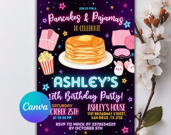 Pancakes and Pajamas Party Birthday Invitation, Digital File, Printable, Pancake Party Invite, Pajama Party, Sleepover Party, Editable Canva