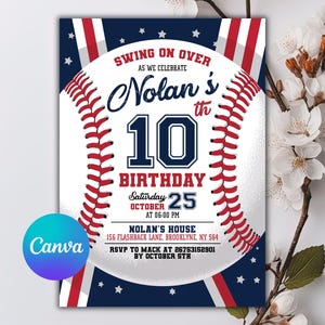 Puede incluir: Una tarjeta de invitación de cumpleaños rectangular con un gráfico de béisbol blanco grande con costuras rojas. El texto dice: SWING ON OVER AS WE CELEBRATE Nolan's 10th BIRTHDAY Saturday OCTOBER 25 AT 06:00 PM NOLAN'S HOUSE 156 FLASHBACK LANE, BROOKLYNE, NY 564 RSVP TO MACK AT 26753152901 BY OCTOBER 5TH.