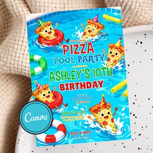 May include: A colorful invitation for a pizza pool party to celebrate Ashley's 10th birthday. The design features cartoon pizza slices in a pool, with text that includes the date, time, and RSVP information.