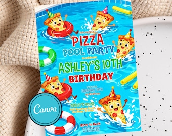Editable Pizza Pool Party Invitation, Pizza Pool Party Birthday, Pizza and Pool Party Invite, Boy Pool Party, Pizza Swimming Party