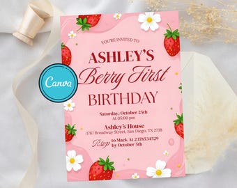 Berry First Birthday Invitation, Editable 1st Birthday Girl Invite, Printable Strawberry First Birthday Girl Invitation Template