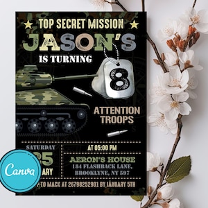 Army Birthday Invitation, Military Party Invitations, Soldier Birthday Invitation, Military Invite, Editable Canva Template