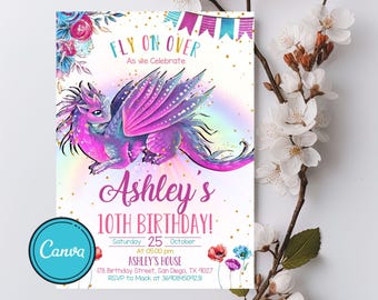 Purple Dragon Birthday Invitation: Editable Canva Template (Digital)