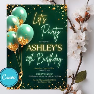 Editable Green and Gold Invitation, Birthday Dinner Invitation, Editable Party Invite Women, Balloons Electronic Birthday Invite