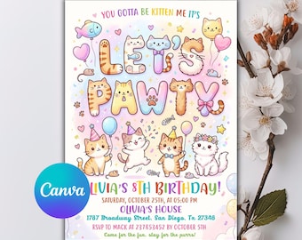 Cat Birthday Invitation, Cat Theme Birthday Invitation, Are You Kitten Me Birthday, Let's Pawty Birthday Invite, Rainbow, Editable Canva