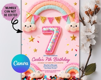 7th Birthday Invitation Girl, Rainbow Sequin Glitter Invite Printable Template for Girls Party, Girls Pink Birthday Invite, Editable Canva