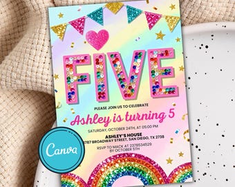 5th Birthday Invitation Girl, 5th Rainbow Sequin Birthday Editable Invite, 5th Glitter Birthday Invitation, Printable Editable Template